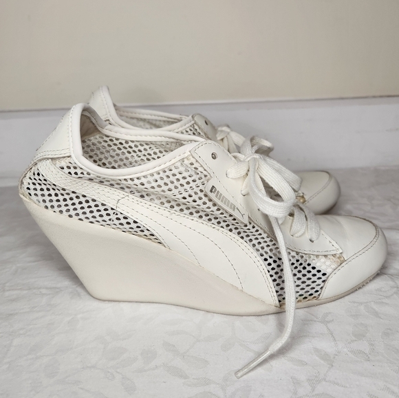 Puma White Leather Wedge Sneakers - Picture 2 of 13